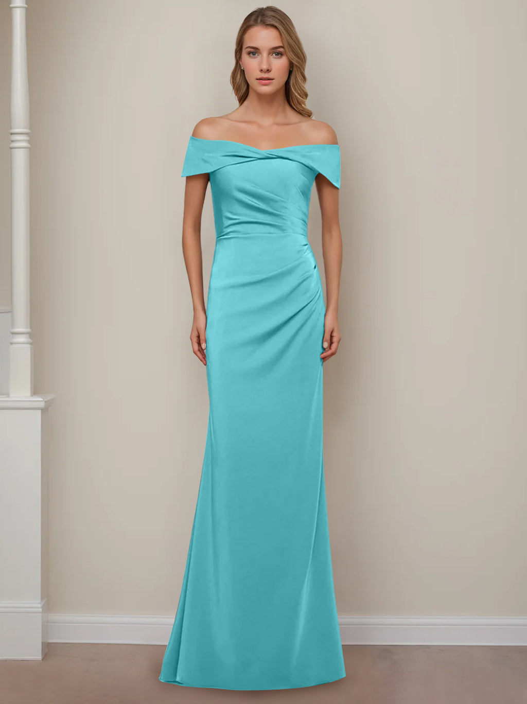 Sheath/Column Off-The-Shoulder Short Sleeves Floor-Length Mother Of The Bride Dresses With Ruffles BabaMila