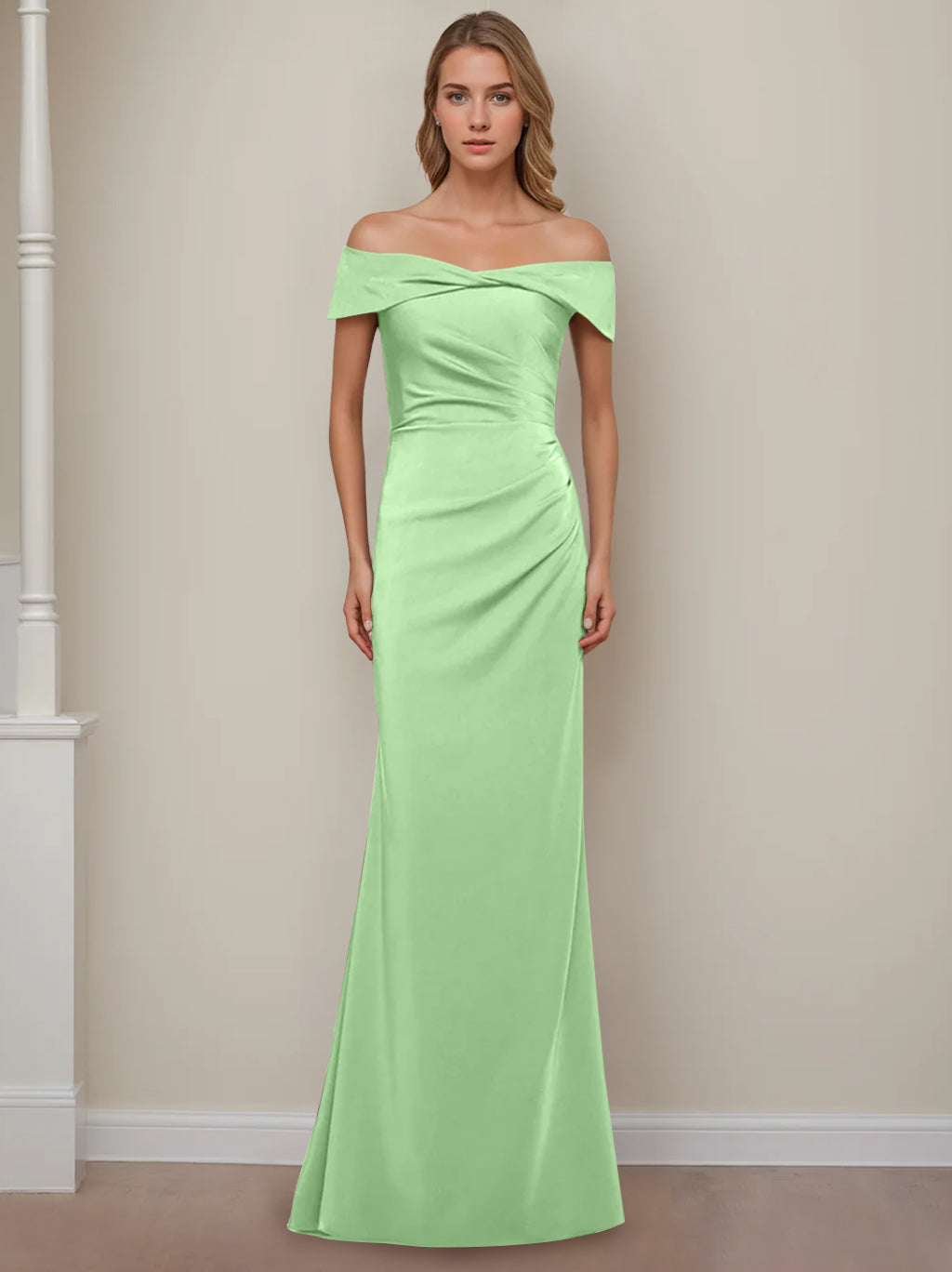 Sheath/Column Off-The-Shoulder Short Sleeves Floor-Length Mother Of The Bride Dresses With Ruffles BabaMila