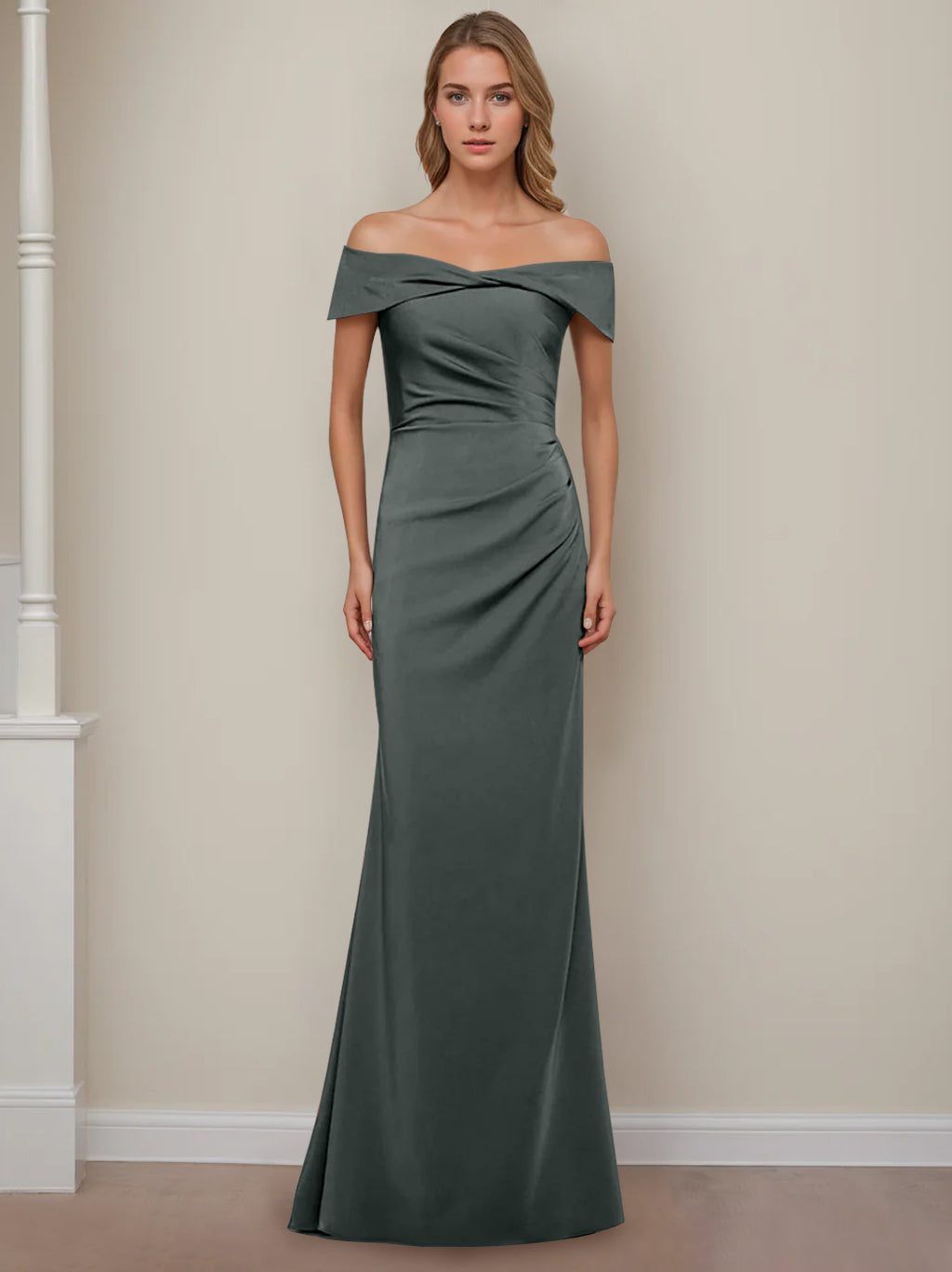 Sheath/Column Off-The-Shoulder Short Sleeves Floor-Length Mother Of The Bride Dresses With Ruffles BabaMila