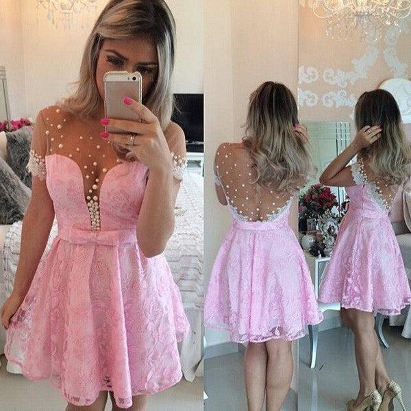 Pink A-line Scoop Short Mini Tulle Homecoming Dress Short Prom Dresses Homecoming Dress BabaMila