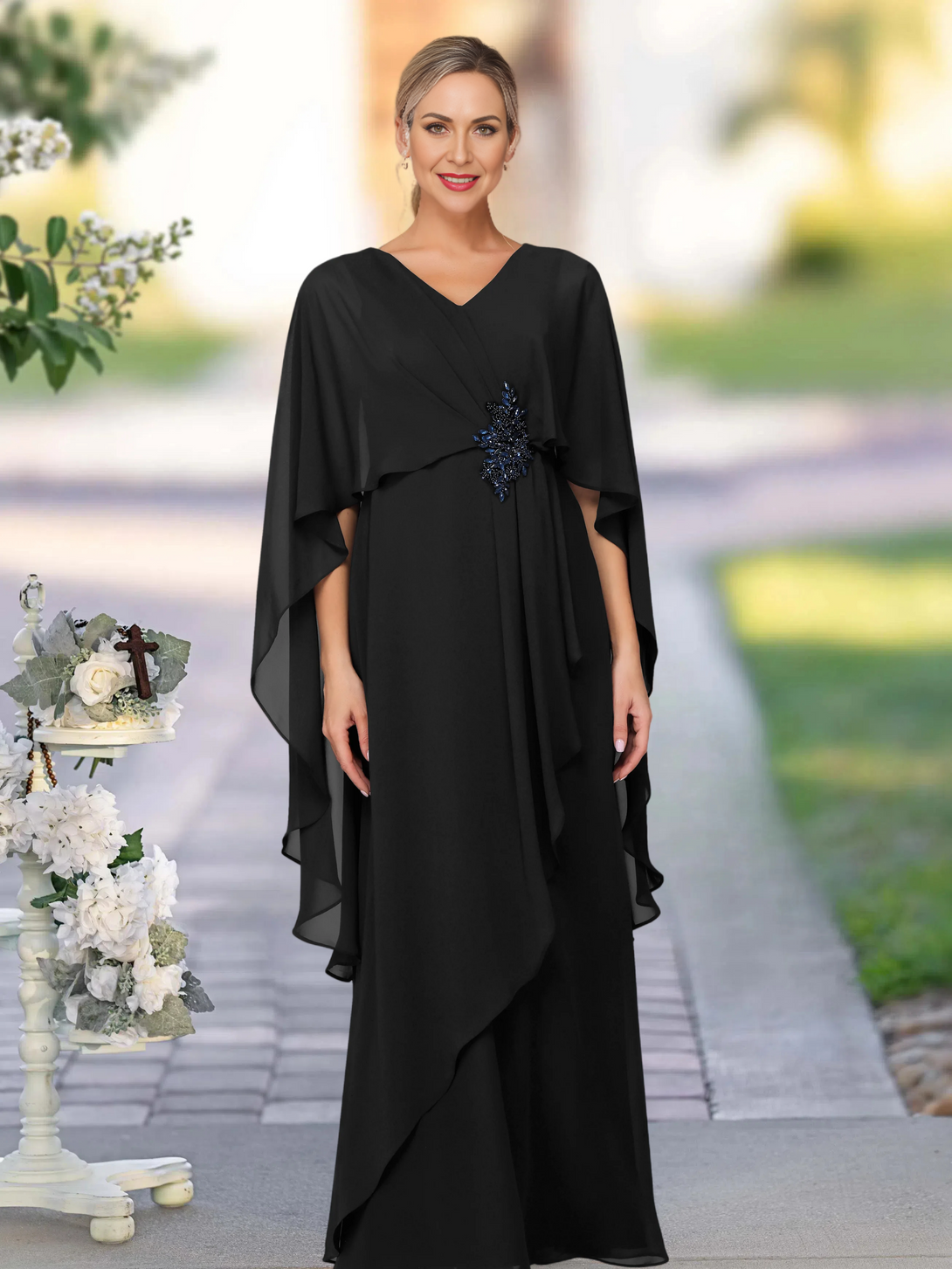 V Neck A Line Chiffon Floor Length Mother Of The Bride Dress BabaMila