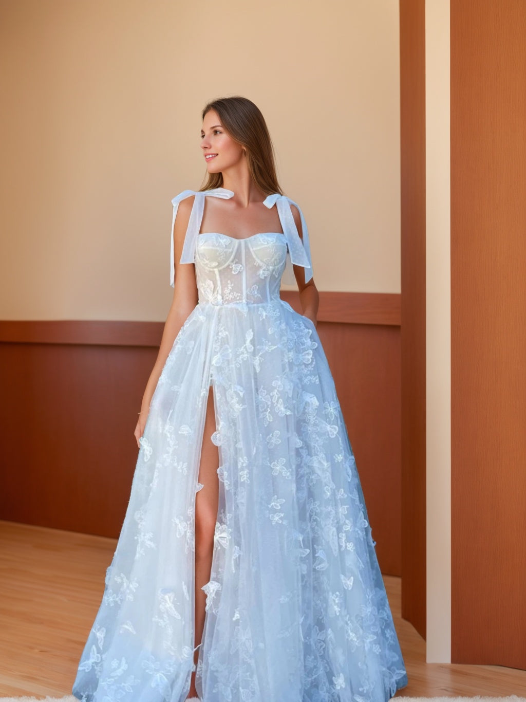 A-Line/Princess Bow knot Straps Sleeveless Floor-length Formal Prom Dresses with Butterfly BabaMila