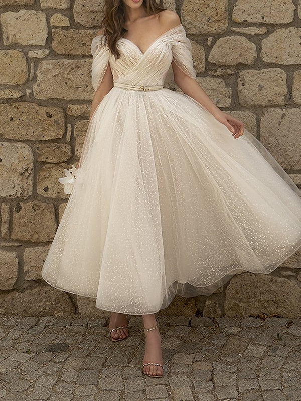 A-Line/Princess Off Shoulder Short Sleeve Tea Length Wedding Dress With Ruched BabaMila