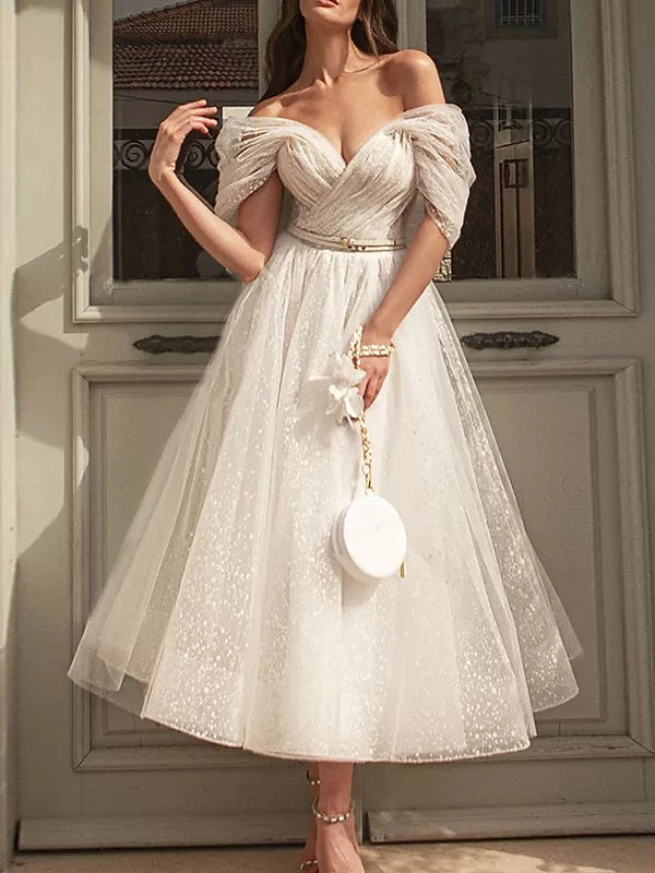 A-Line/Princess Off Shoulder Short Sleeve Tea Length Wedding Dress With Ruched BabaMila