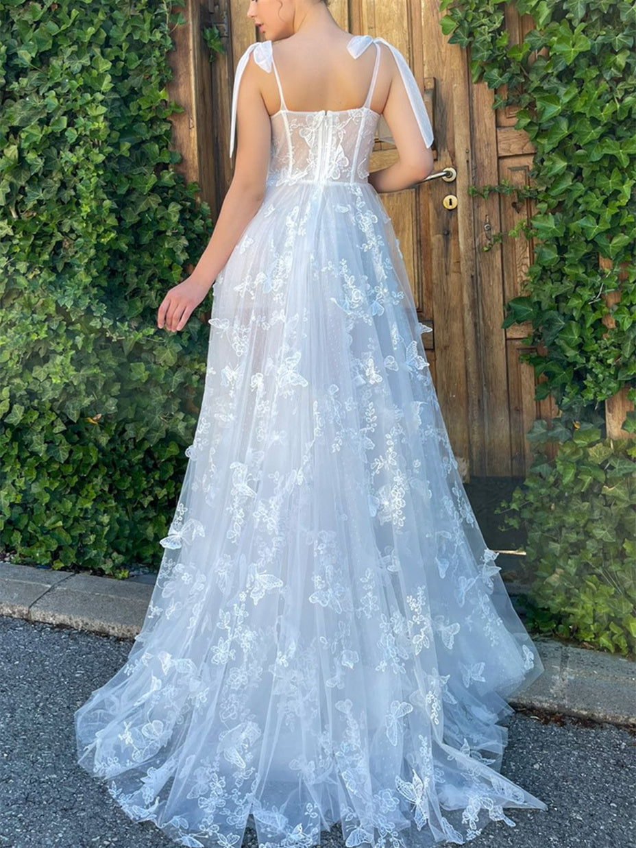 A-Line/Princess Bow knot Straps Sleeveless Floor-length Formal Prom Dresses with Butterfly BabaMila
