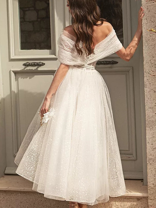 A-Line/Princess Off Shoulder Short Sleeve Tea Length Wedding Dress With Ruched BabaMila
