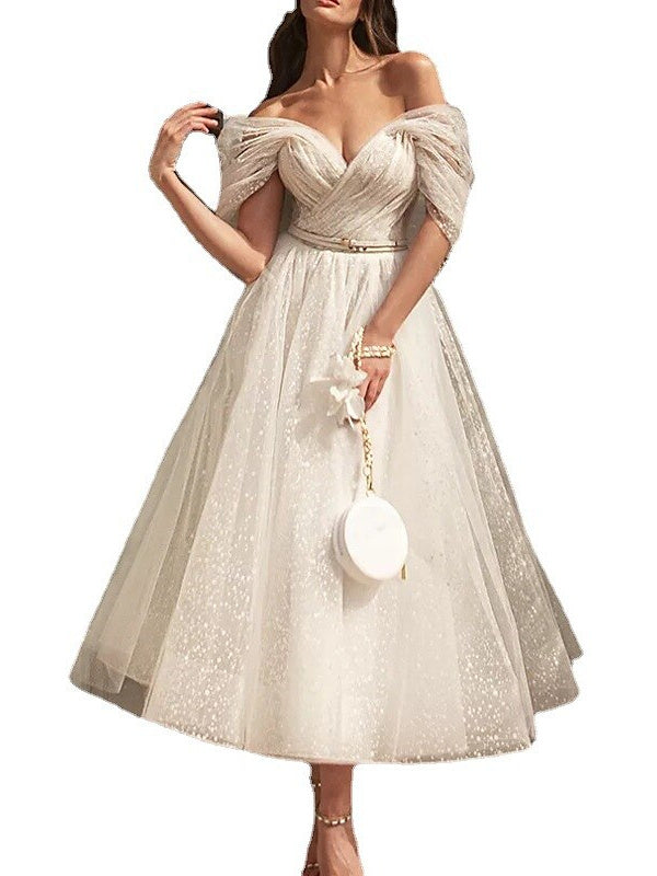 A-Line/Princess Off Shoulder Short Sleeve Tea Length Wedding Dress With Ruched BabaMila