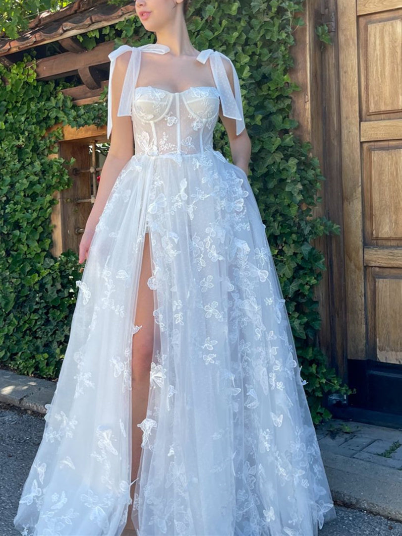 A-Line/Princess Bow knot Straps Sleeveless Floor-length Formal Prom Dresses with Butterfly BabaMila