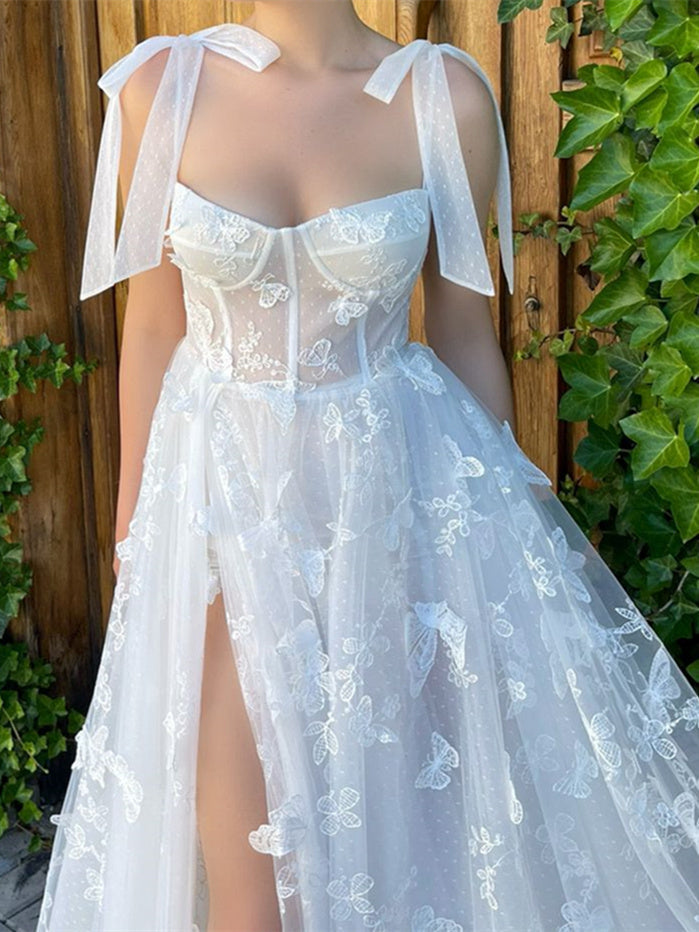 A-Line/Princess Bow knot Straps Sleeveless Floor-length Formal Prom Dresses with Butterfly BabaMila