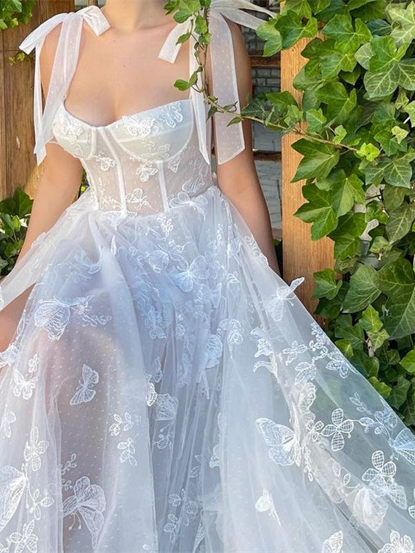 A-Line/Princess Bow knot Straps Sleeveless Floor-length Formal Prom Dresses with Butterfly BabaMila