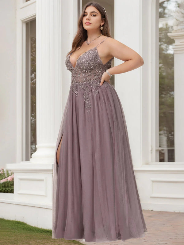 A-Line/Princess V-Neck Sleeveless Floor-Length Lace Tulle Plus Size Prom Dresses With Beads & Sequins BabaMila