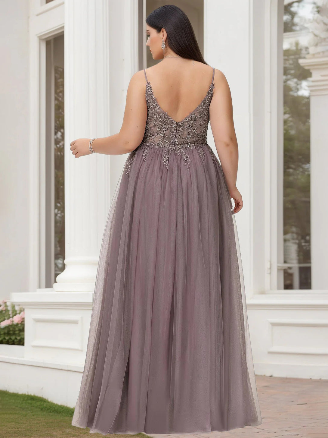 A-Line/Princess V-Neck Sleeveless Floor-Length Lace Tulle Plus Size Prom Dresses With Beads & Sequins BabaMila