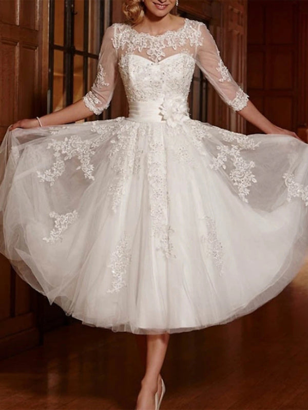 A-Line/Princess Lace Tulle Illusion Neck 3/4 Length Sleeve Tea Length Appliques Wedding Dress BabaMila