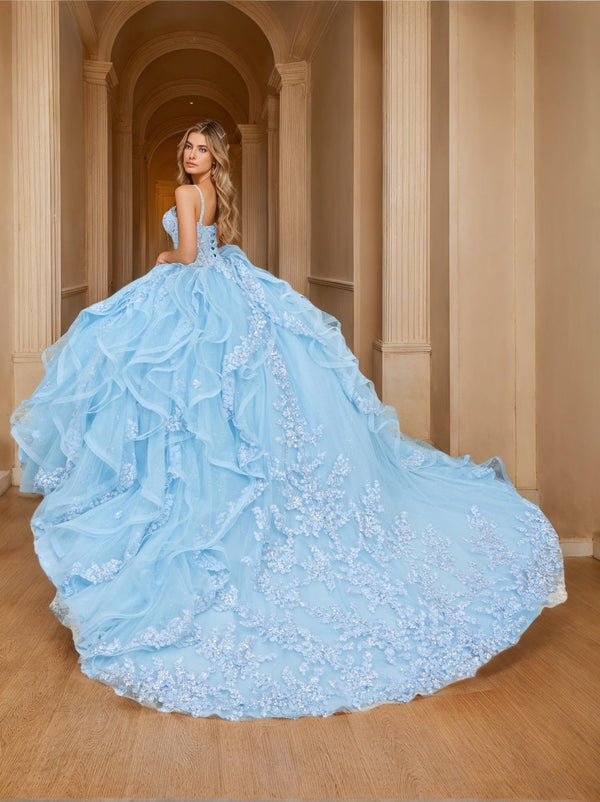 Ball Gown Spaghetti Straps Sleeveless Court Train Long Prom Dresses with Lace Appliques BabaMila