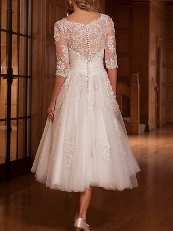 A-Line/Princess Lace Tulle Illusion Neck 3/4 Length Sleeve Tea Length Appliques Wedding Dress BabaMila