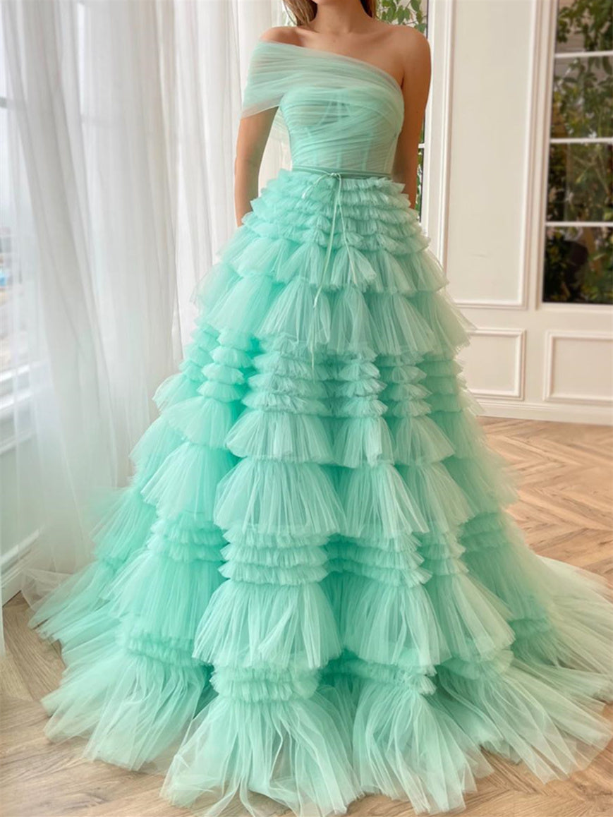A-Line/Princess One-Shoulder Sleeveless Floor-Length Prom Dresses with Pleats BabaMila