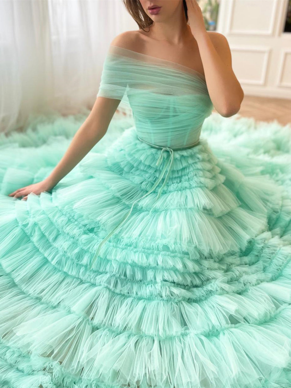 A-Line/Princess One-Shoulder Sleeveless Floor-Length Prom Dresses with Pleats BabaMila