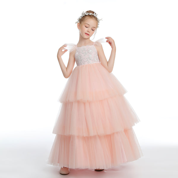 Ball Gown/Princess Flutter straps Scoop Neck Floor-Length Satin/Tulle Flower Girl Dresses With Appliques/Ribbon Girls Gidiondress