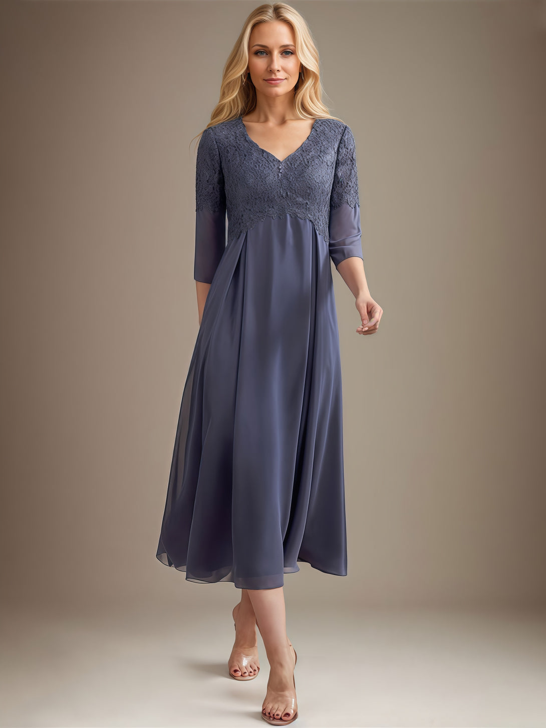 A-Line V-Neck 3/4 Sleeve Tea-Length Chiffon/Lace Mother of the Bride Dress With Appliques BabaMila