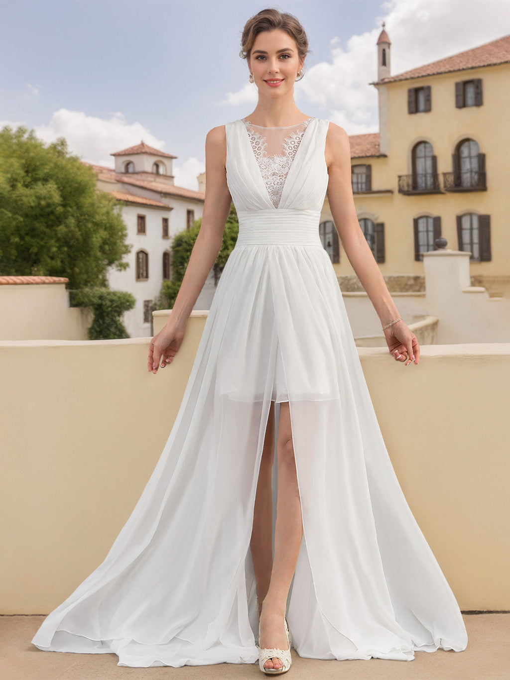 A-Line/Princess Scoop Neck Sleeveless Asymmetrical Wedding Dress with Lace Appliques BabaMila