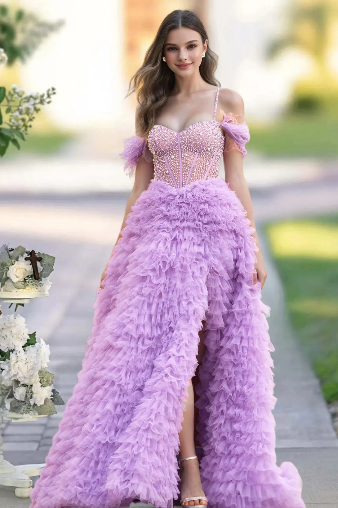 A-line Off-the-Shoulder Sweep Train Tulle Prom Dress with Ruffles Sequins Split BabaMila