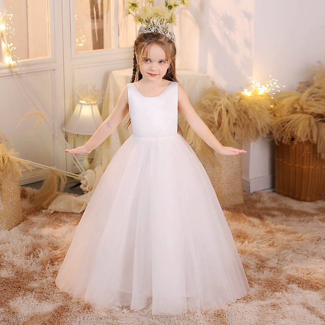 Ball Gown/Princess Scoop Neck Sleeveless Tulle/Satin Ivory Floor-Length Flower Girl Dresses/First Communion Dress Girls Gidiondress