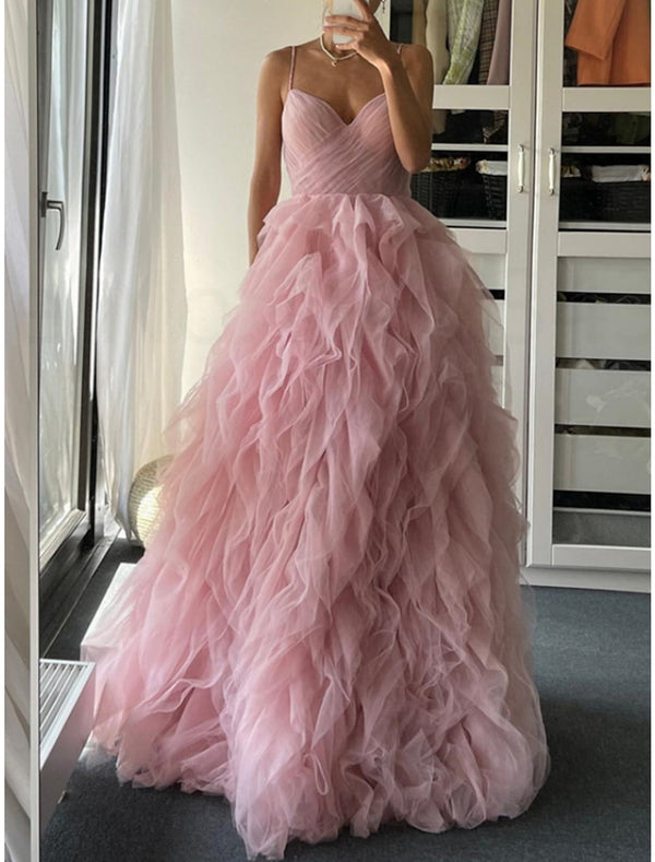 A-Line/Princess V-Neck Spaghetti Straps Tulle Floor-Length Long Prom Dresses With Cascading Ruffles BabaMila