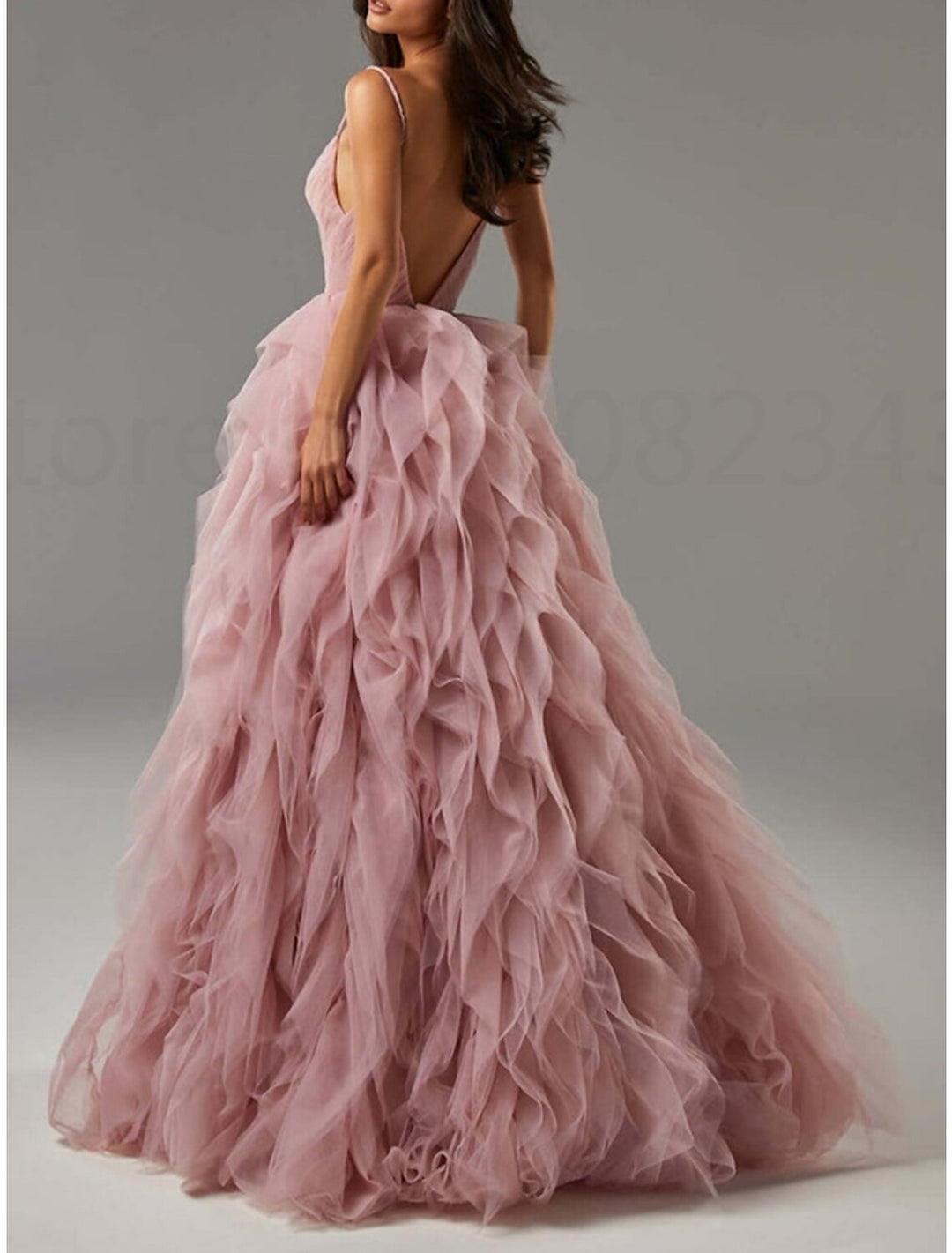 A-Line/Princess V-Neck Spaghetti Straps Tulle Floor-Length Long Prom Dresses With Cascading Ruffles BabaMila
