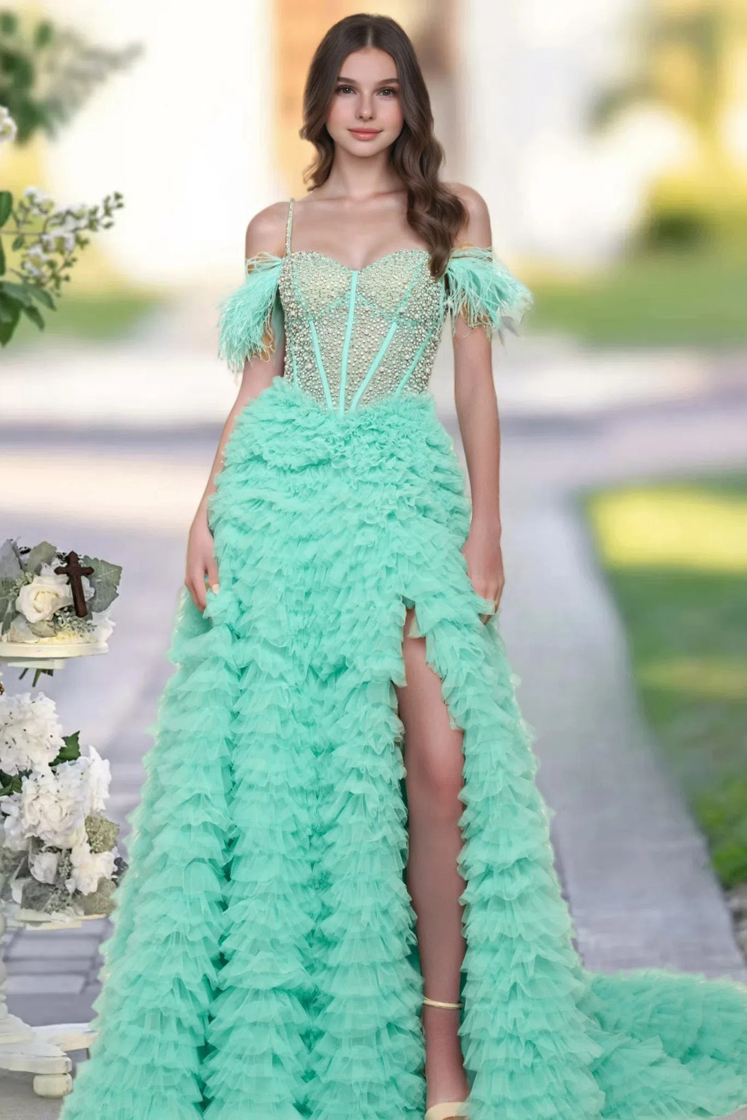 A-line Off-the-Shoulder Sweep Train Tulle Prom Dress with Ruffles Sequins Split BabaMila
