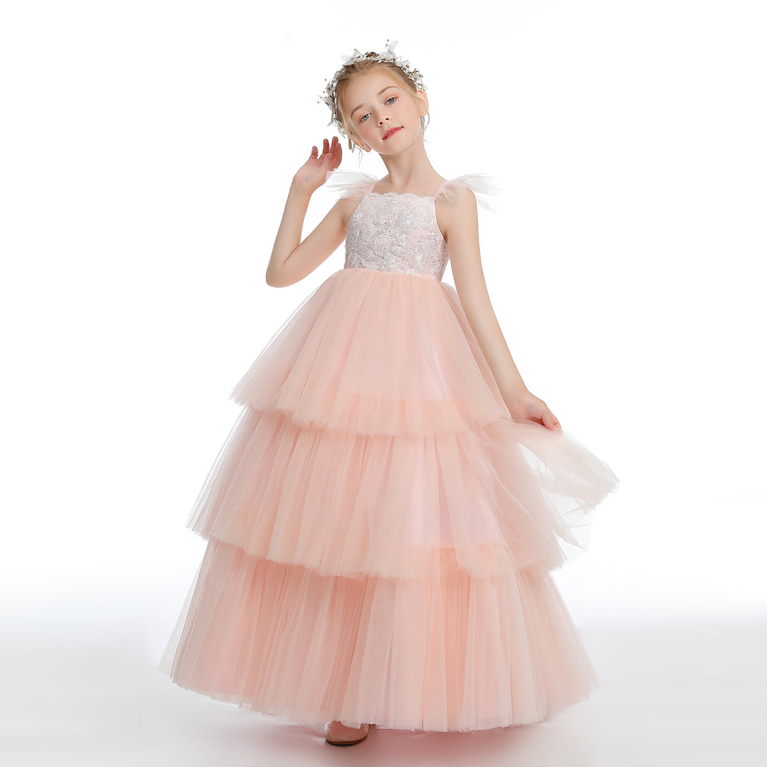Ball Gown/Princess Flutter straps Scoop Neck Floor-Length Satin/Tulle Flower Girl Dresses With Appliques/Ribbon Girls Gidiondress as picture 12M