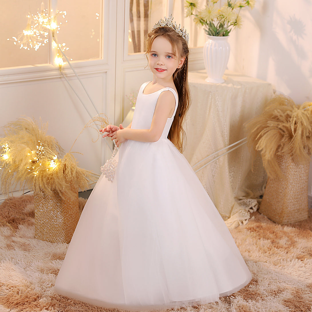 Ball Gown/Princess Scoop Neck Sleeveless Tulle/Satin Ivory Floor-Length Flower Girl Dresses/First Communion Dress Girls Gidiondress Ivory 12M