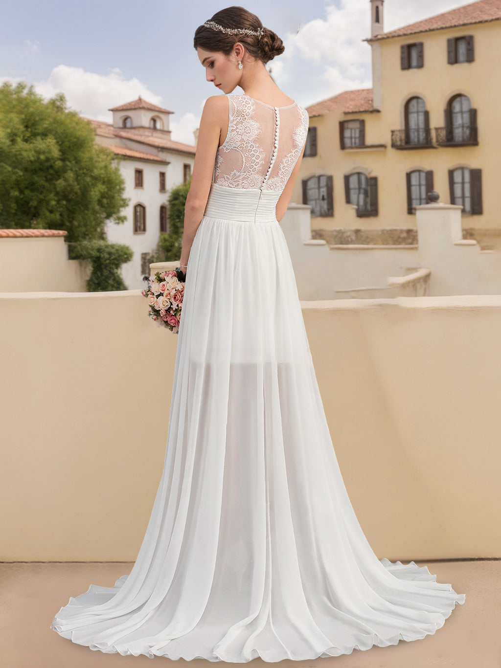 A-Line/Princess Scoop Neck Sleeveless Asymmetrical Wedding Dress with Lace Appliques BabaMila