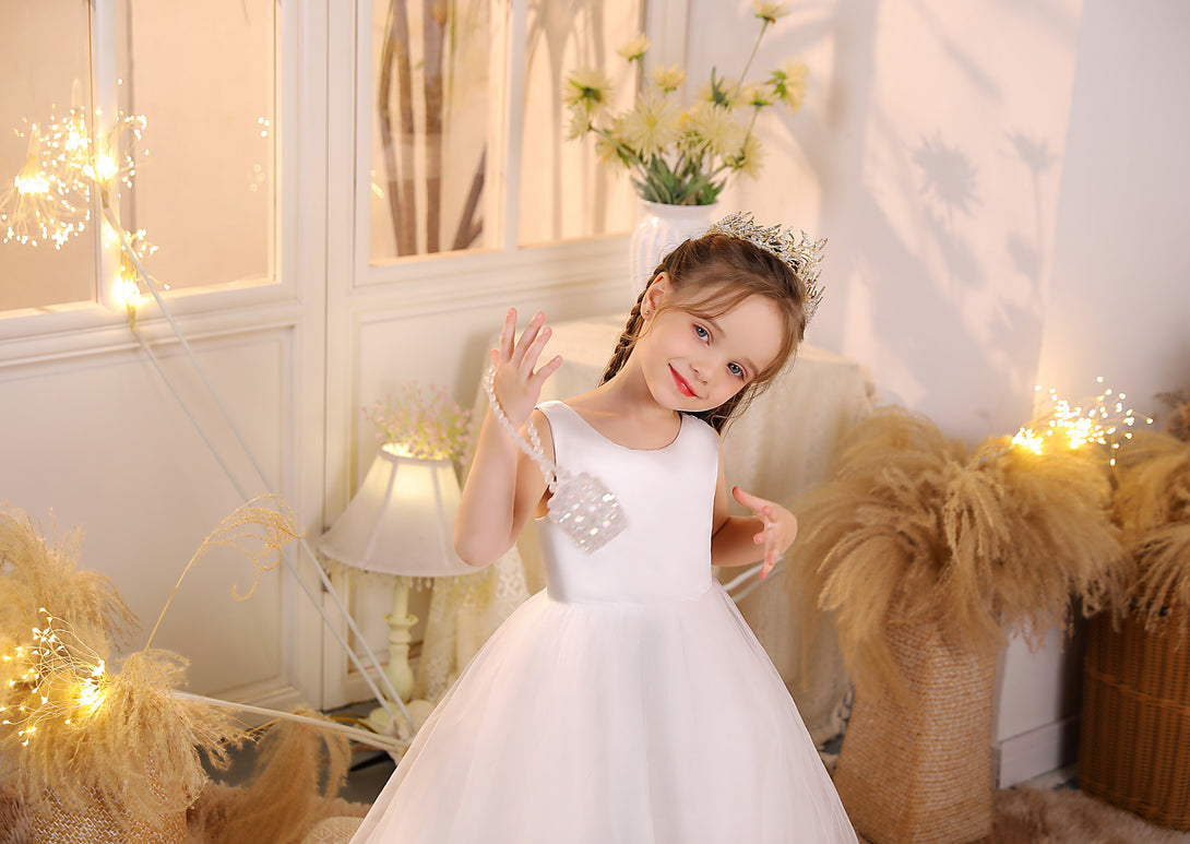 Ball Gown/Princess Scoop Neck Sleeveless Tulle/Satin Ivory Floor-Length Flower Girl Dresses/First Communion Dress Girls Gidiondress