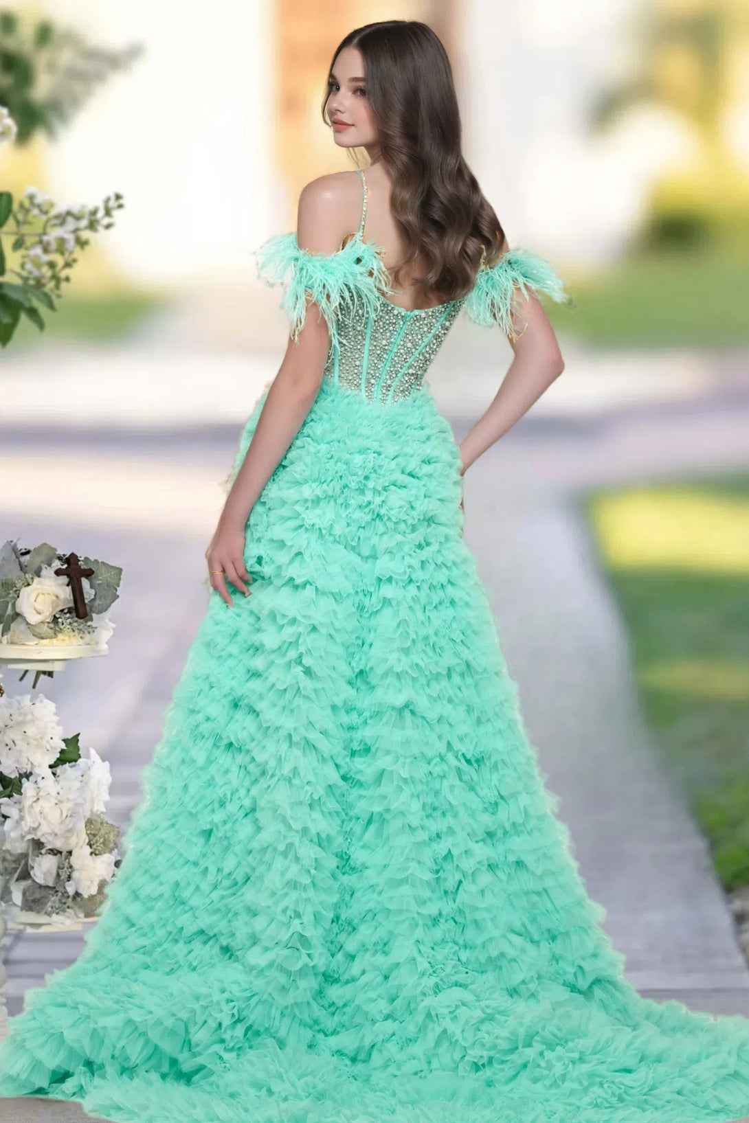 A-line Off-the-Shoulder Sweep Train Tulle Prom Dress with Ruffles Sequins Split BabaMila