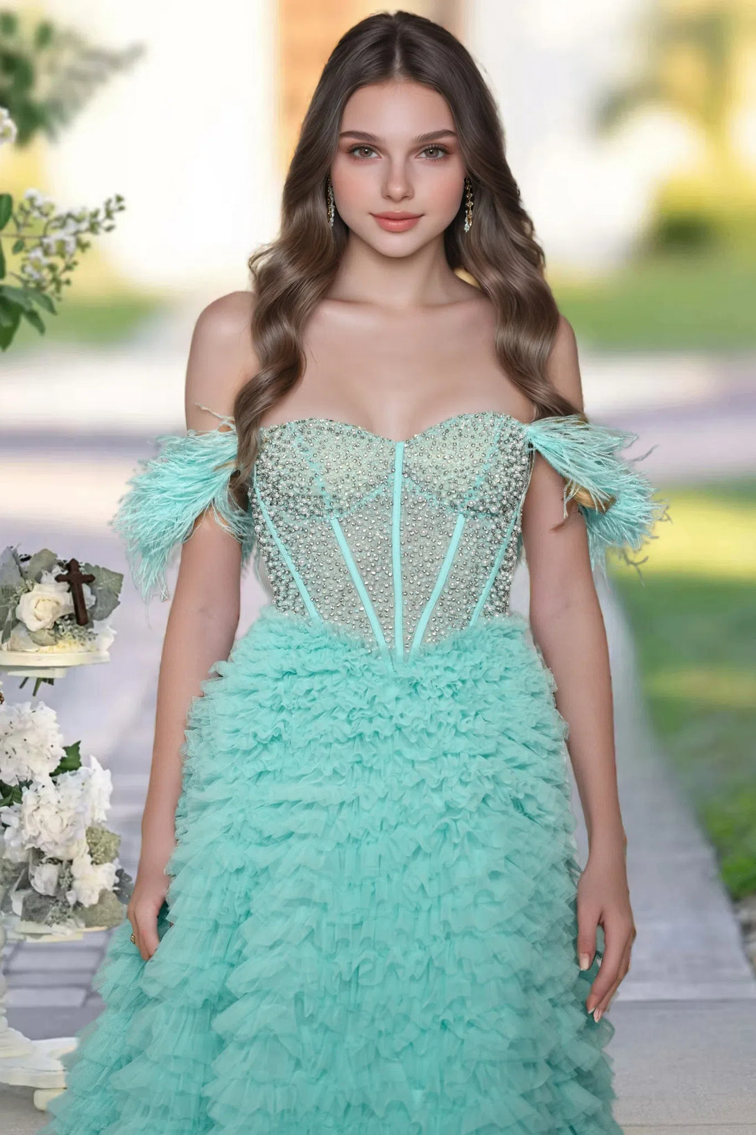 A-line Off-the-Shoulder Sweep Train Tulle Prom Dress with Ruffles Sequins Split BabaMila