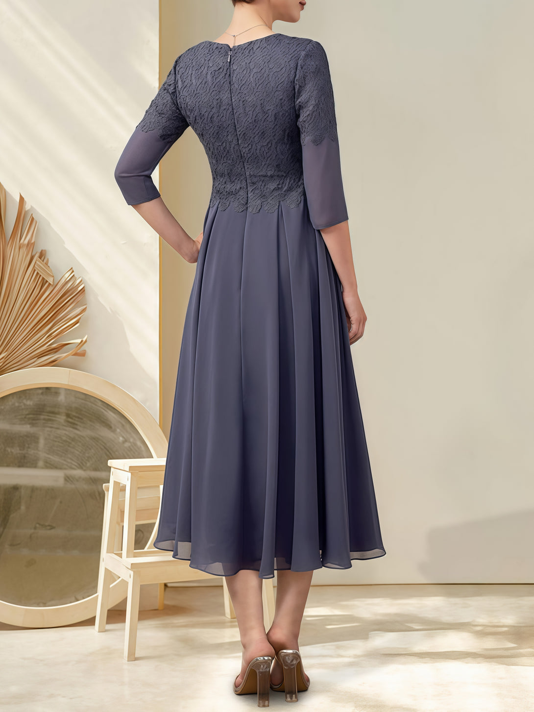 A-Line V-Neck 3/4 Sleeve Tea-Length Chiffon/Lace Mother of the Bride Dress With Appliques BabaMila