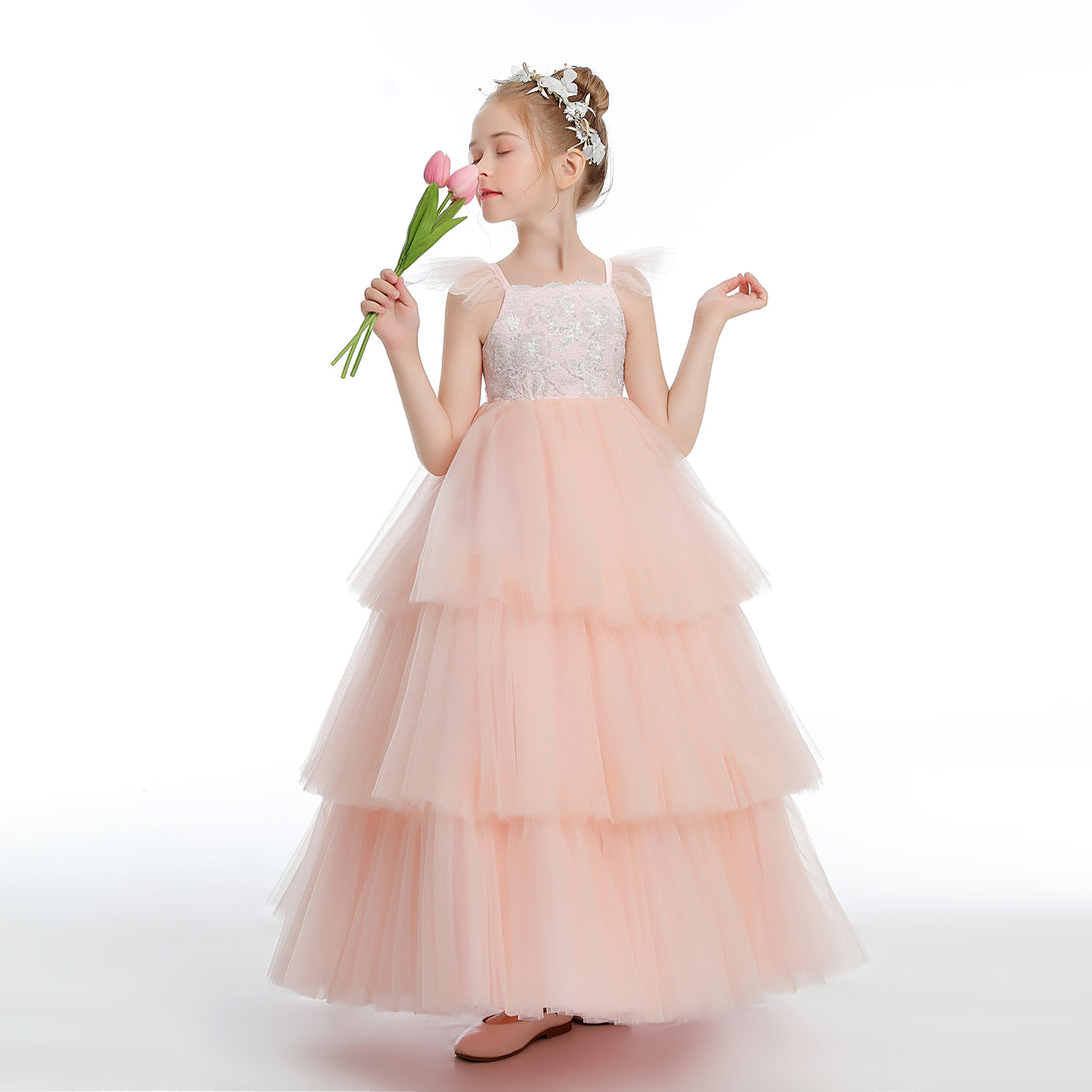 Ball Gown/Princess Flutter straps Scoop Neck Floor-Length Satin/Tulle Flower Girl Dresses With Appliques/Ribbon Girls Gidiondress