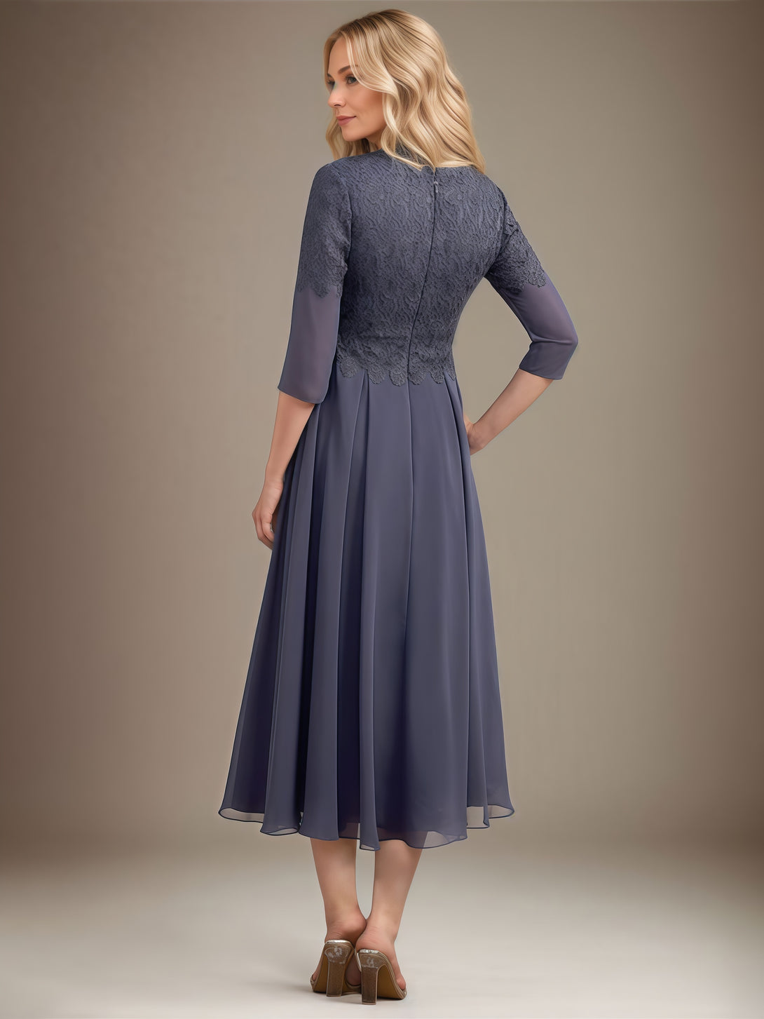 A-Line V-Neck 3/4 Sleeve Tea-Length Chiffon/Lace Mother of the Bride Dress With Appliques BabaMila