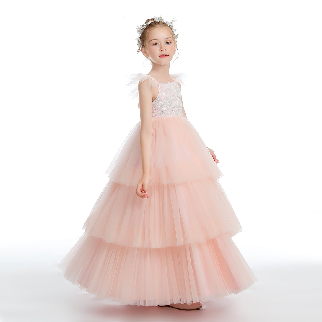 Ball Gown/Princess Flutter straps Scoop Neck Floor-Length Satin/Tulle Flower Girl Dresses With Appliques/Ribbon Girls Gidiondress