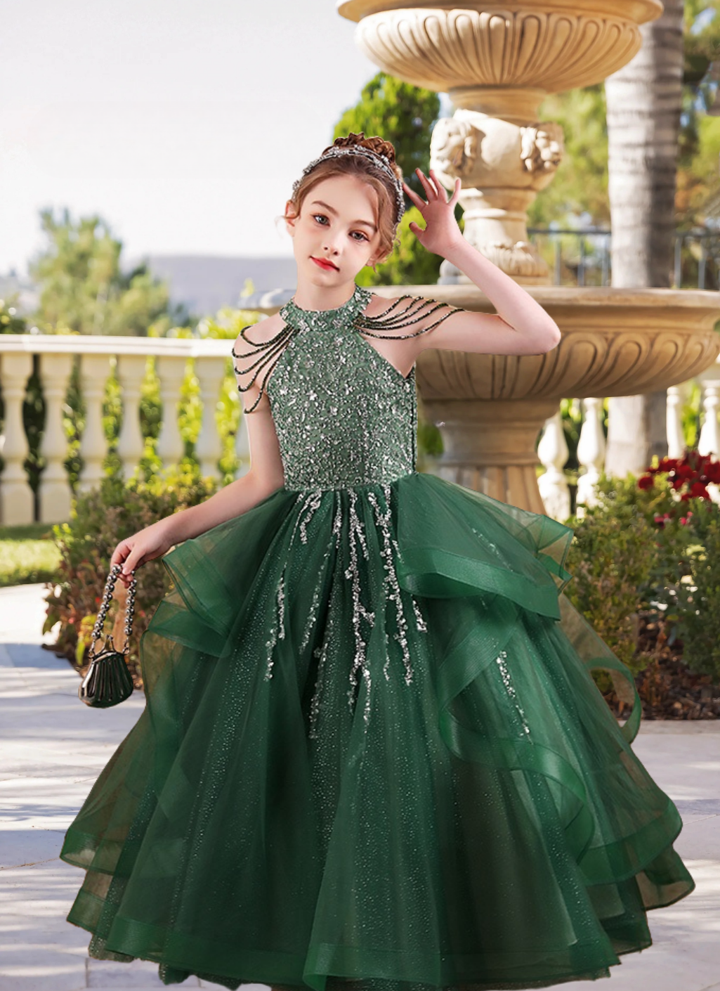 Elegant Halter Cold Shoulder Floor-Length Sequins/Tulle Girls Birthday Dresses With Beads Gidiondress