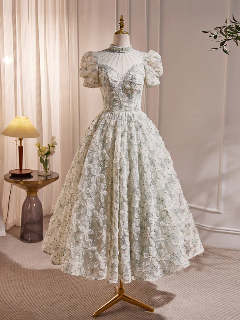 Unique Hight Neck Tulle Lace Tea Length Prom Dress, Light Green Formal Dress BabaMila