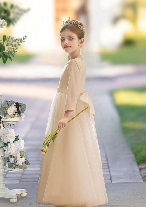 Ball Gown Boat Neck Long Sleeve Floor-Length Satin/Tulle/Chiffon First Communion Dresses With Bow/Belt Girls Gidiondress