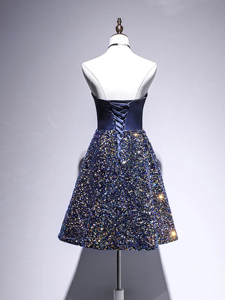 Dark Blue A-Line Sequin Lace Short Prom Dress, Cute Blue Homecoming Dress Homecoming Dress BabaMila
