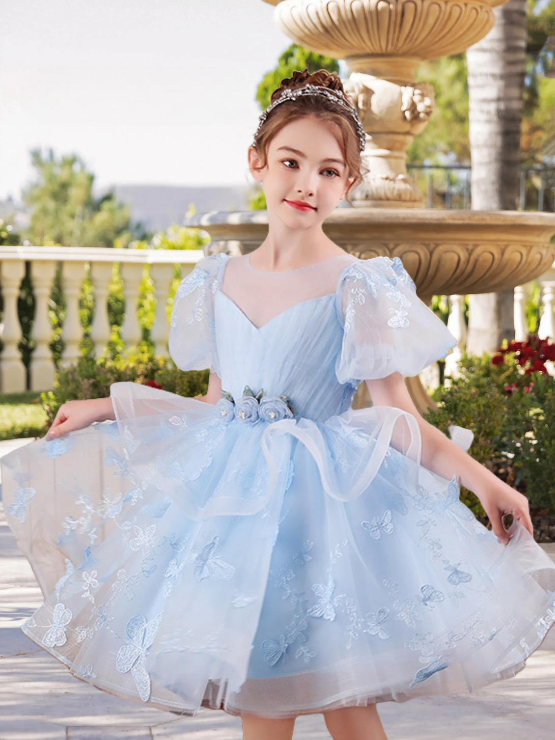 Scoop Neck Puff Sleeve Knee-Length Exquisite Lace/Tulle Girls Birthday Dresses With Pleated/Appliques/3D Flower Gidiondress
