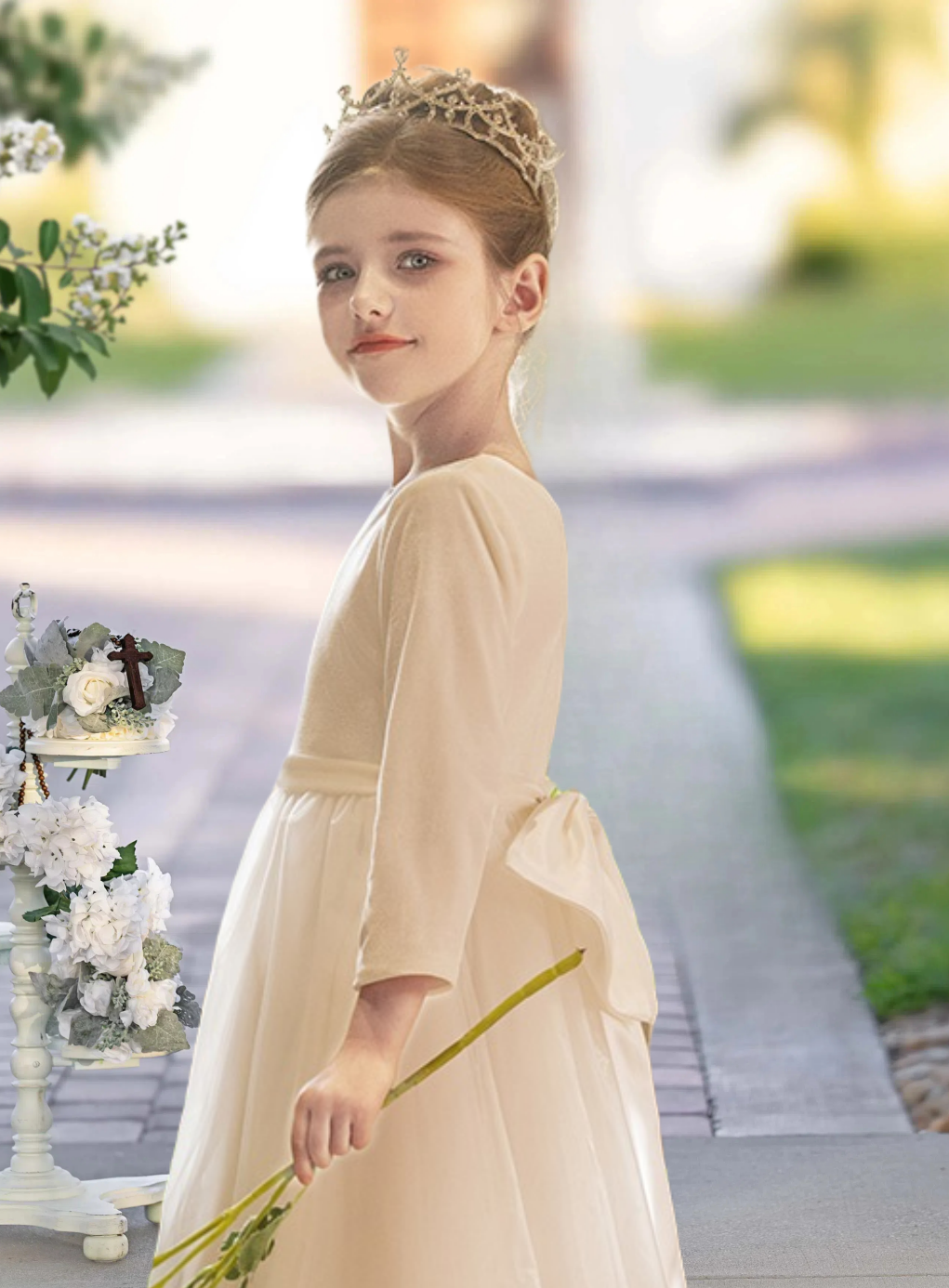 Ball Gown Boat Neck Long Sleeve Floor-Length Satin/Tulle/Chiffon First Communion Dresses With Bow/Belt Girls Gidiondress Ivory 12M
