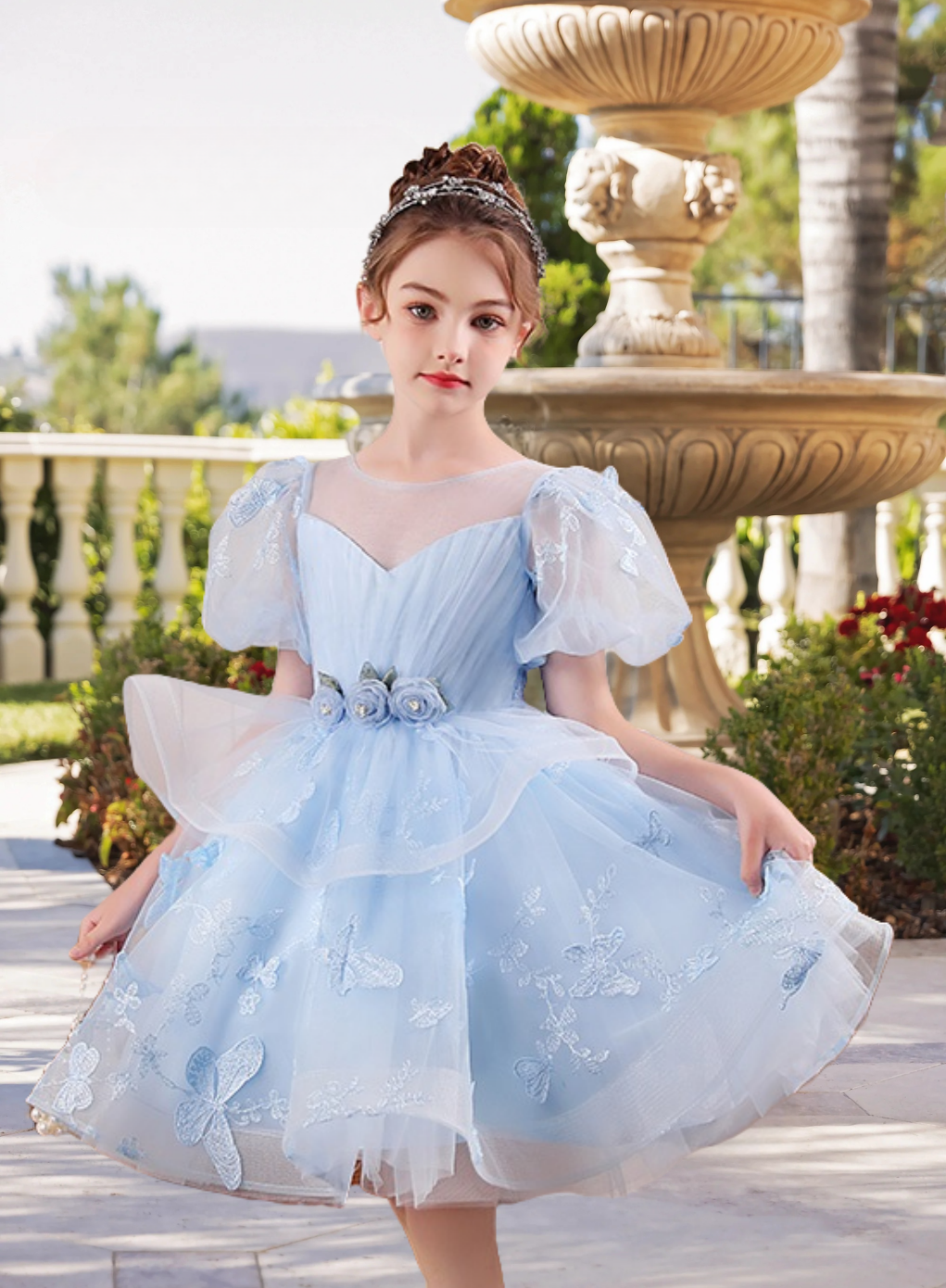 Scoop Neck Puff Sleeve Knee-Length Exquisite Lace/Tulle Girls Birthday Dresses With Pleated/Appliques/3D Flower Gidiondress