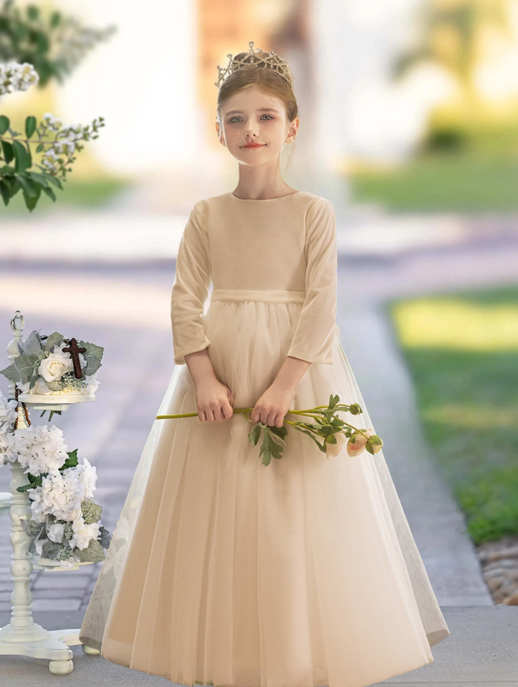 Ball Gown Boat Neck Long Sleeve Floor-Length Satin/Tulle/Chiffon First Communion Dresses With Bow/Belt Girls Gidiondress
