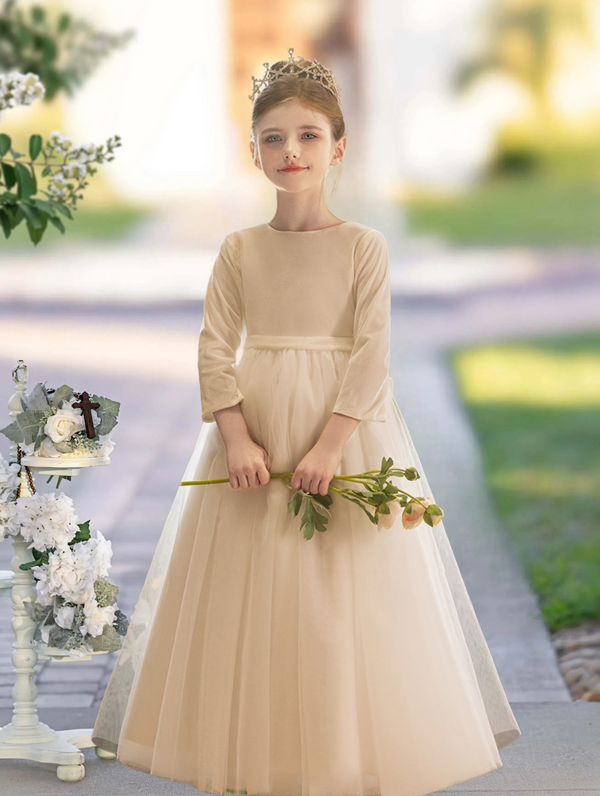 Ball Gown Boat Neck Long Sleeve Floor-Length Satin/Tulle/Chiffon First Communion Dresses With Bow/Belt Girls Gidiondress