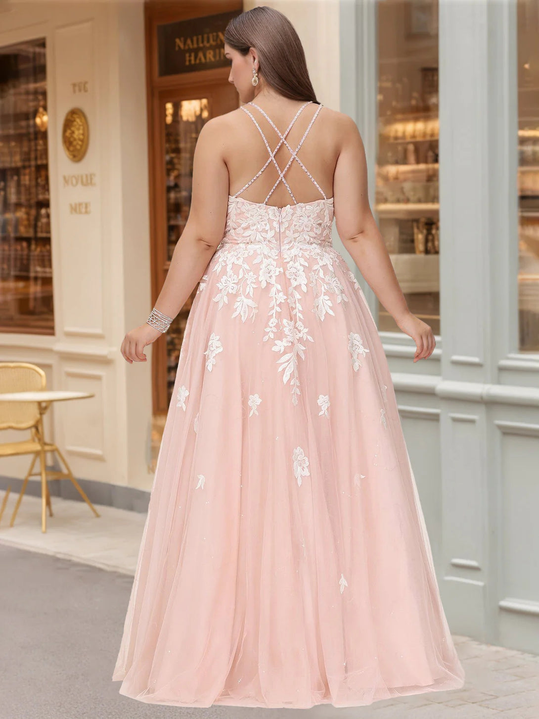 Ball Gown Square Neck Spaghetti Straps Sleeveless Floor-Length Floral Lace Tulle Plus Size Prom Dresses with Sequins BabaMila