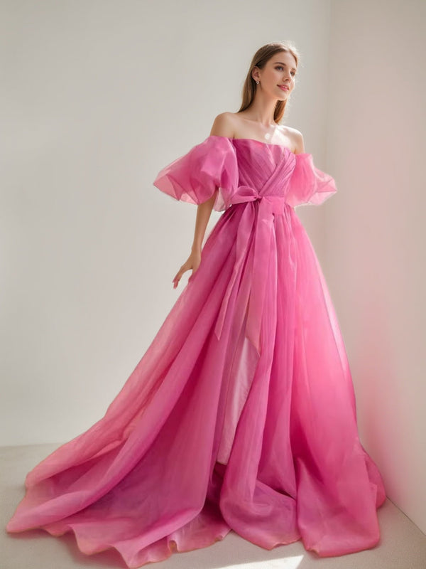 A-Line/Princess Sweetheart Off-the-Shoulder Court Train Formal Dress With Pleated BabaMila